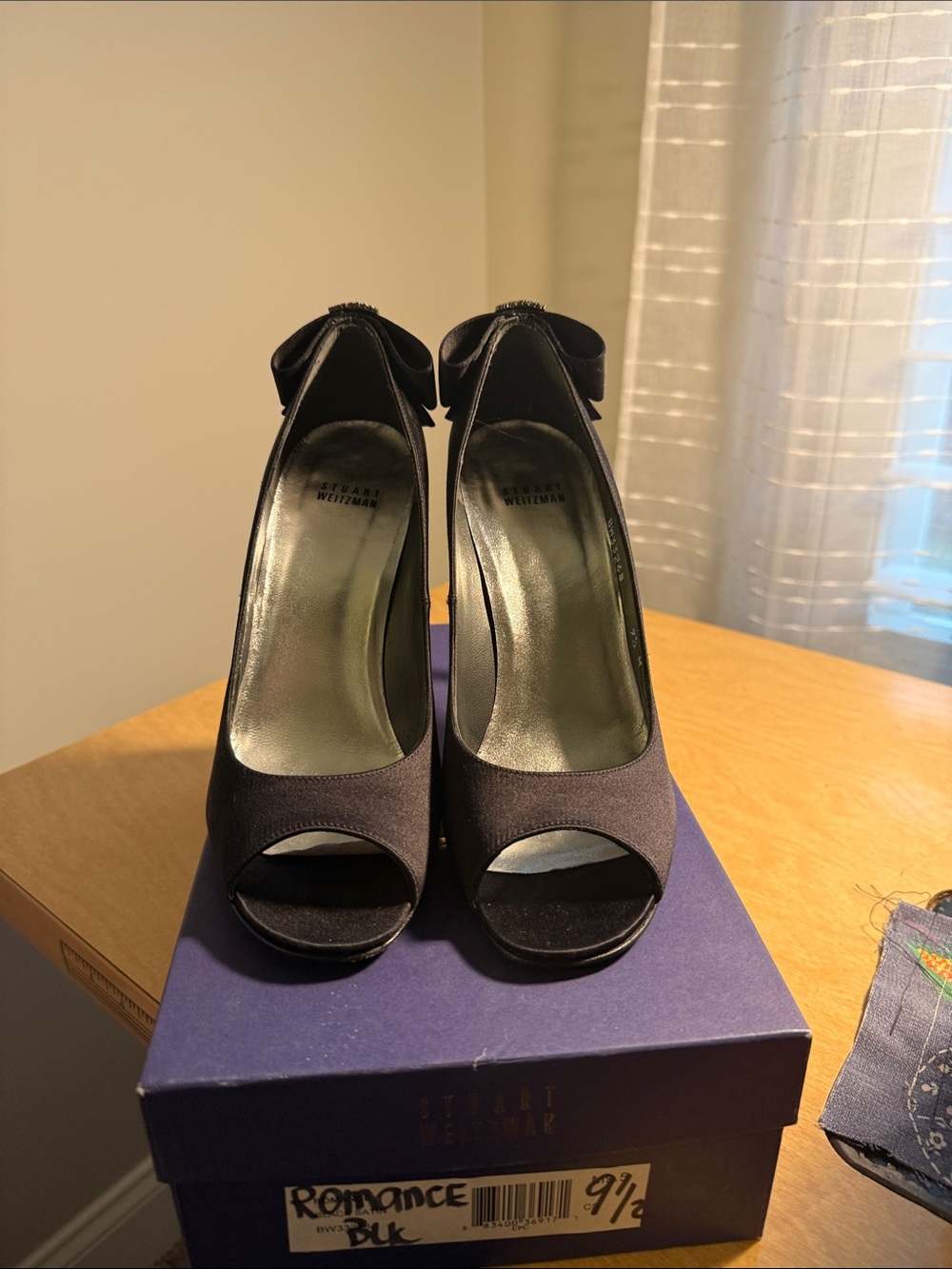Stuart Weitzman Black Satin Peep-Toe Pumps with Heel Bow